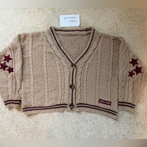 Holiday Beige Cable Knit Cardigan with Stars